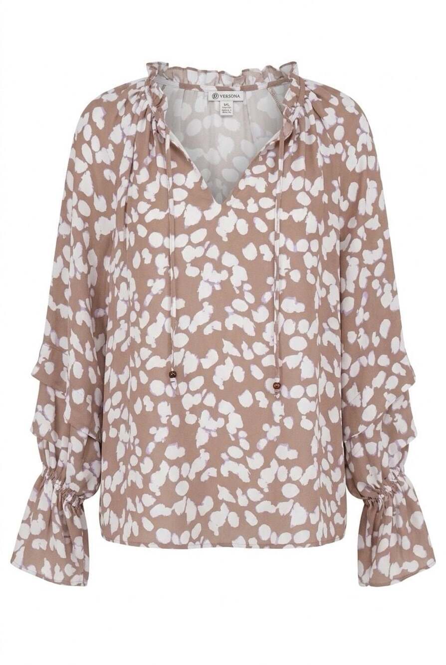 Versona XXL Tan Spotted Ruffle Sleeve V-Neck Tie Front Blouse
